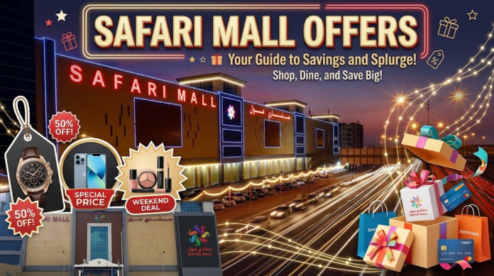 Safari Mall exterior at night with discount badges for retail products and gift boxes, KhaleejFusion