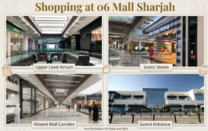 Four-panel graphic 'Shopping at 06 Mall Sharjah' showing the upper atrium, Bath & Body Works store, retail corridor, and grand entrance, KhaleejFusion