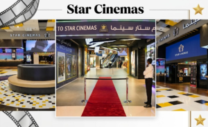 Collage of Star Cinemas movie theater lobby, entrance red carpet, and ticketing area, KhaleejFusion