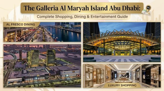 Collage of The Galleria Al Maryah Island exterior entrance, waterfront promenade dining, luxury retail boutiques, and aerial view, KhaleejFusion