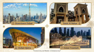 Four-panel graphic 'Connectivity and Wonder' featuring Downtown Dubai skyline, Souk Al Bahar, Dubai Opera, and Dubai Fountain, KhaleejFusion