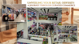 Collage showing multi-level shopping mall retail floors with clothing racks, department store aisles, and escalators, KhaleejFusion