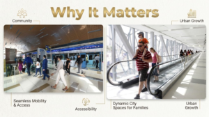 Two-panel graphic 'Why It Matters' showing a Dubai Metro platform and a family on a moving walkway, KhaleejFusion