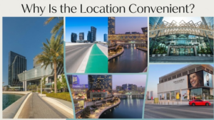 Collage of waterfront promenades, roadway connectivity, and entrance access around The Galleria Al Maryah Island, KhaleejFusion