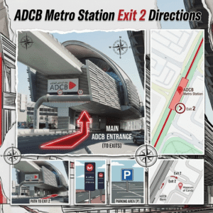 Directional maps and street views guiding commuters to ADCB Metro Station Exit 2 and nearby parking, KhaleejFusion