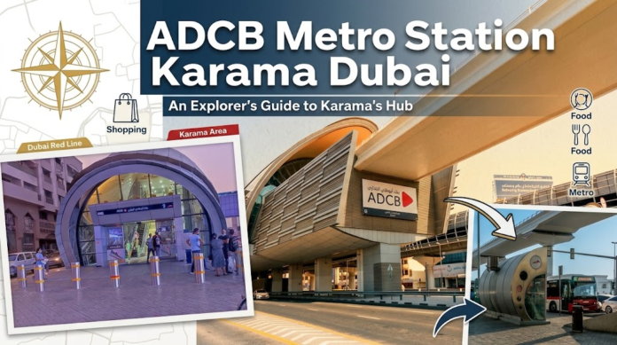ADCB Metro Station elevated viaduct, street-level entrance, and transit access points in Al Karama, Dubai, KhaleejFusion