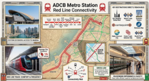 Dubai Metro Red Line route map highlighting ADCB Station, key city destinations, and train platforms, KhaleejFusion