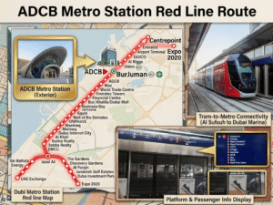 Dubai Metro Red Line route map highlighting ADCB Station stops, exterior architecture, and platform passenger information displays, KhaleejFusion