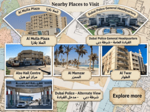 Almulla Plaza Shopping Centre, Dubai Police General HeadQuarters - Main Entrance (Gate 1), and Al Mamzar attractions near Al Qiyadah, khaleejFusion