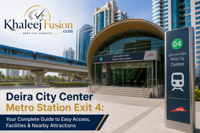 Exterior view of Deira City Centre Metro Station Exit 4 entrance with RTA signage and passing Dubai Metro train, KhaleejFusion