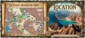 Illustrated tourist map and mountain lake view of Hatta, KhaleejFusion