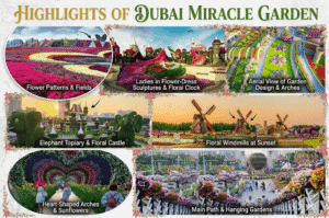 Dubai Miracle Garden highlights featuring heart arches, floral castles, animal topiaries, and windmill structures, KhaleejFusion