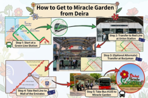 Step-by-step transit route from Deira via Dubai Metro Green and Red Lines to Bus 105 for Miracle Garden, KhaleejFusion