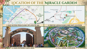 Dubai Miracle Garden location map, RTA Bus 105 route, main entrance gate, and circular aerial view in Arjan Dubailand, KhaleejFusion