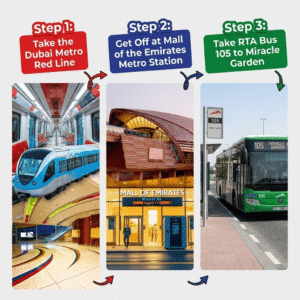 Three-step travel guide from Dubai Metro Red Line to Mall of the Emirates and RTA Bus 105 to Miracle Garden, KhaleejFusion