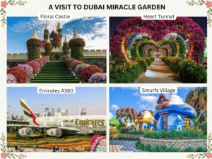Top Dubai Miracle Garden attractions: Floral Castle, Heart Tunnel walkway, Emirates A380 display, and Smurfs Village, KhaleejFusion