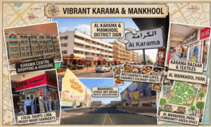 Street scenes, local textile shops, dining spots, and colorful street art across Dubai's Al Karama and Mankhool areas, KhaleejFusion