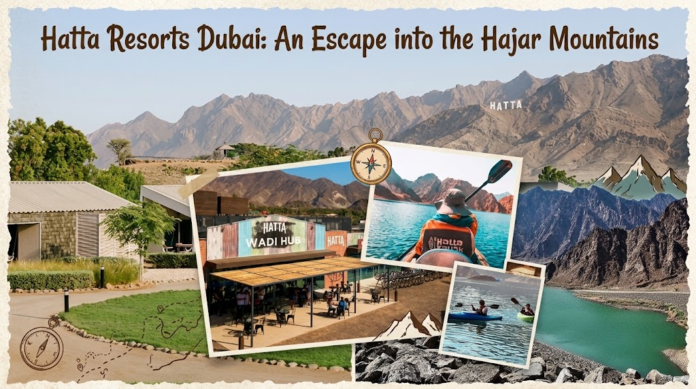 Hatta Resorts mountain landscape, Wadi Hub, and kayaking activities, KhaleejFusion