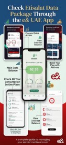 Infographic showing how to check Etisalat data balance and manage accounts using e& UAE app, Khaleej fusion