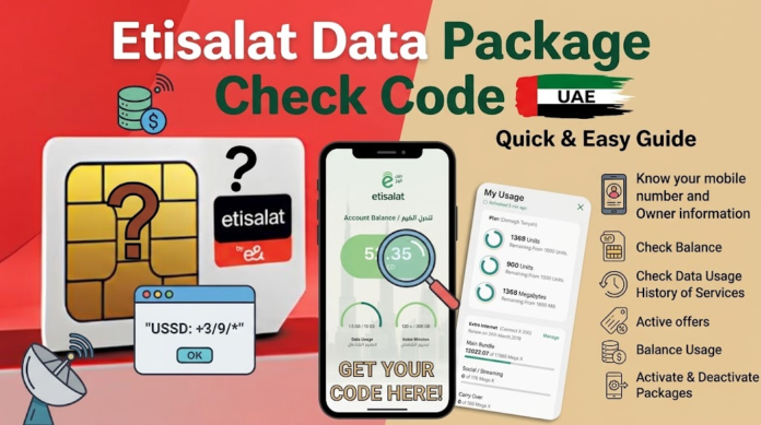 Guide infographic showing how to check Etisalat UAE data balance, active offers, and usage history, Khaleej fusion