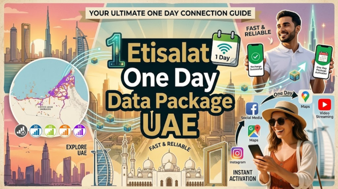 Infographic guide for Etisalat 1 day internet data package in UAE for tourists, KhaleejFusion