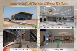 Jumeirah Golf Estates Metro Station interior and exterior views, including the grand concourse, ticketing hall, and train platform, KhaleejFusion
