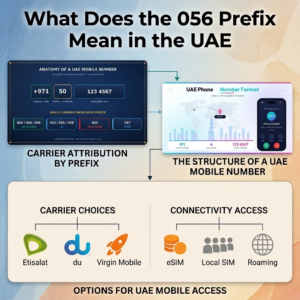 Infographic explaining the 056 prefix meaning, UAE mobile number structure, and telecom carrier options, Khaleej fusion