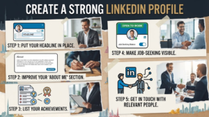 Infographic detailing a 5-step guide to creating a strong LinkedIn profile, including headlines, about sections, achievements, job-seeking status, and networking, Khaleej Fusion