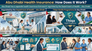 Infographic explaining Abu Dhabi health insurance regulation, Department of Health framework, and Thiqa programme, Khaleej fusion
