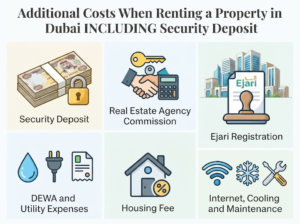 Infographic outlining additional costs when renting property in Dubai, featuring security deposits, agency commissions, Ejari, DEWA, housing fees, and utilities, Khaleej Fusion