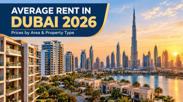 Infographic detailing average rental prices in Dubai for 2026 across different areas and property types, Khaleej Fusion