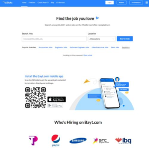 Bayt.com homepage interface featuring the job search bar, mobile app download QR code, and top hiring companies, Khaleej Fusion