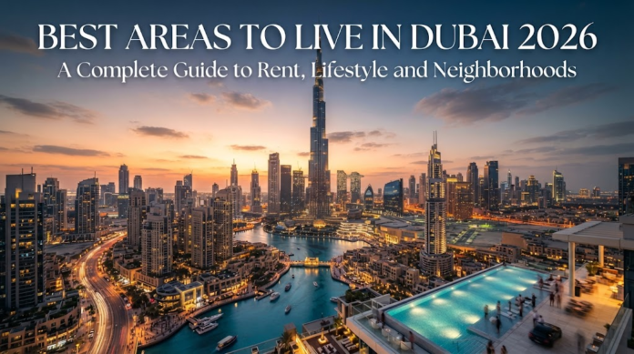 Scenic aerial view of the Dubai skyline at sunset for a 2026 guide to residential neighborhoods and rent, Khaleej Fusion