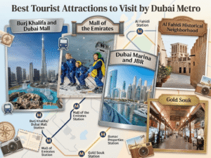 Infographic highlighting top tourist attractions accessible by the Dubai Metro, including Burj Khalifa, Mall of the Emirates, Dubai Marina, Al Fahidi Historical Neighborhood, and Gold Souk, Khaleej Fusion