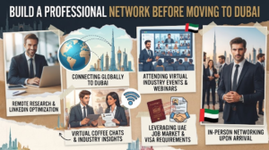 Infographic detailing how to build a professional network before moving to Dubai, covering remote research, virtual coffee chats, industry webinars, and in-person networking, Khaleej Fusion
