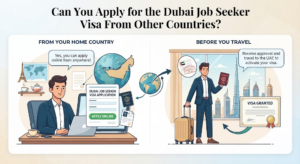 Infographic explaining how to apply online for the Dubai job seeker visa from your home country before traveling, Khaleej Fusion