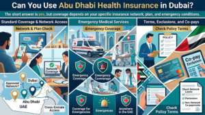 Infographic explaining cross-emirate access and emergency medical coverage for Abu Dhabi health insurance in Dubai, Khaleej fusion