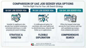 Infographic comparing 60-day, 90-day, and 120-day UAE job seeker visa options with strategic, flexible, and comprehensive search recommendations, Khaleej Fusion