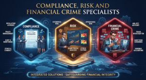 Infographic breaking down compliance, risk, and financial crime specialists, covering regulatory advisory, quantitative analysis, fraud investigation, and forensic accounting, Khaleej Fusion