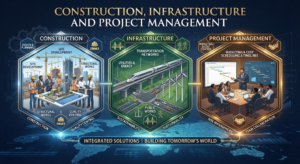 Infographic breaking down construction, infrastructure, and project management, covering site development, transportation networks, budgeting, and risk management, Khaleej Fusion