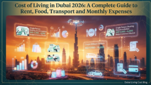 Futuristic digital infographic overlay on Dubai skyline highlighting 2026 cost of living metrics, rent, and monthly expenses, Khaleej Fusion