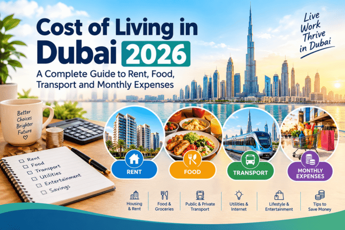 Infographic guide covering the cost of living in Dubai for 2026, including rent, food, and transport expenses, Khaleej Fusion