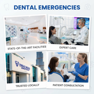 Infographic illustrating emergency dental services in Dubai featuring state-of-the-art facilities, dentist consultations, and clinic care, Khaleej fusion