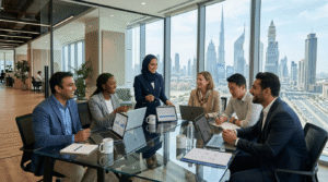Diverse team of professionals collaborating and smiling during a meeting in a modern Dubai office with a city skyline view, Khaleej Fusion