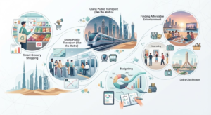 Infographic outlining budget-friendly living tips for Dubai, covering smart shopping, public transport, budgeting, and affordable entertainment, Khaleej Fusion