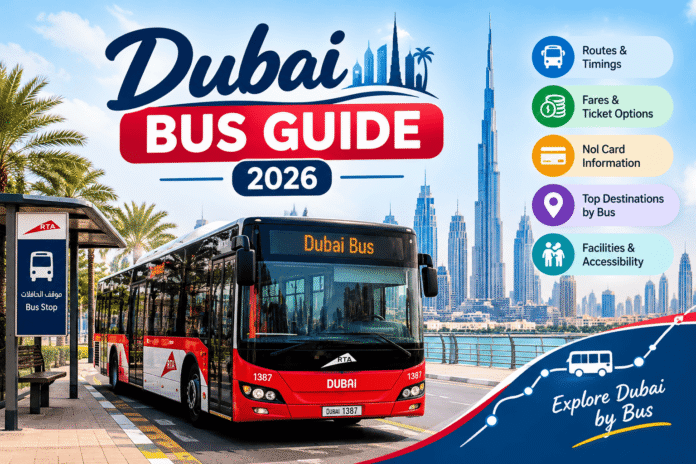 Infographic overview for the 2026 Dubai Bus Guide, featuring routes, timetables, fares, Nol cards, and major transit destinations,Khaleej Fusion