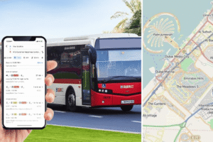 Smartphone displaying a transit app next to a Dubai bus and a city navigation map, Khaleej Fusion