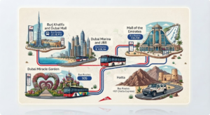 Map showing Dubai bus routes connecting major destinations like Burj Khalifa, Dubai Marina, Mall of the Emirates, and Hatta, Khaleej Fusion