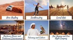 Collage highlighting key Dubai desert safari activities including dune bashing, sandboarding, camel rides, barbecue dinners, falconry, and stargazing, Khaleej Fusion