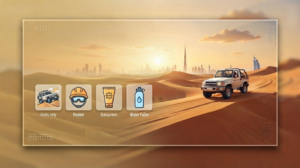 Infographic illustrating essential safety gear and tips for a Dubai desert safari, including off-road transport, protective helmets, sunscreen, and hydration, Khaleej Fusion